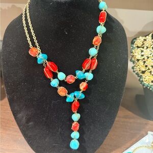 Gold-Tone Red and Turquoise Beaded 2 necklaces  with earrings